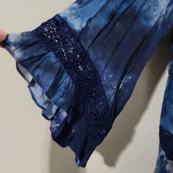 Cupio Blouse Womens Medium tye die blue Crochet Lace Fairy Boho Grunge Bell - Picture 3 of 14